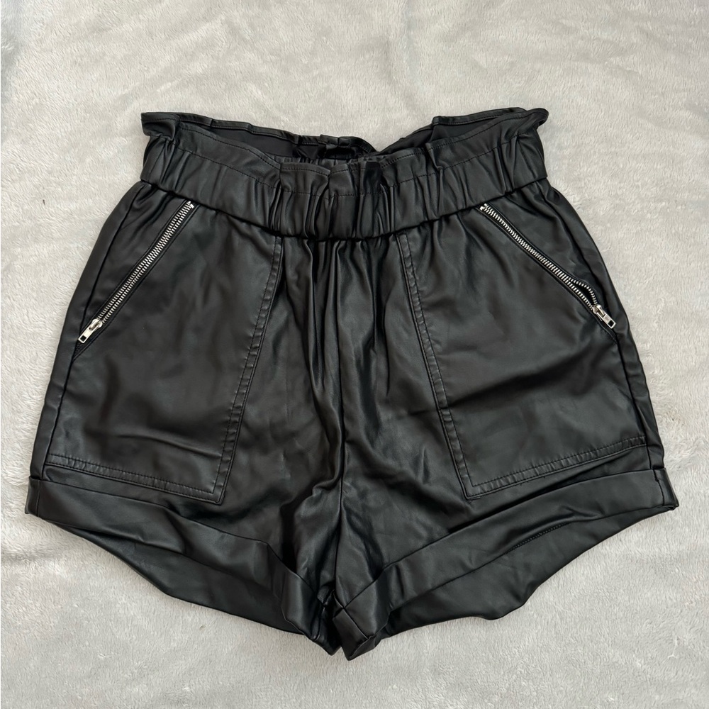 Blue Blush High Waist Black Faux Leather Shorts